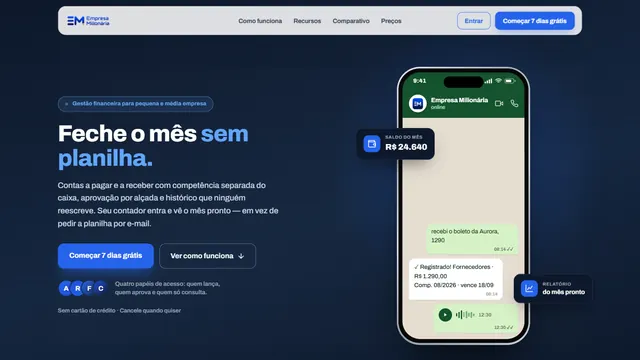 Empresa Milionária website: accounts payable and receivable for SMBs