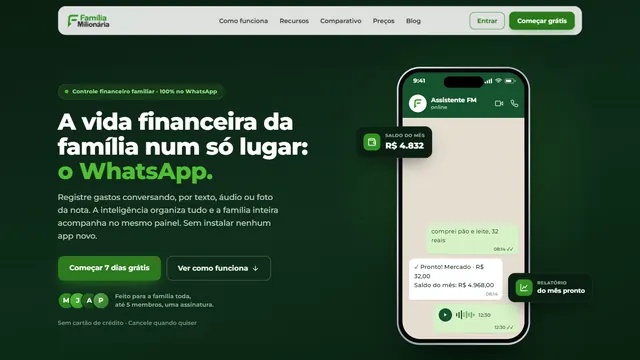 Família Milionária website: family finance assistant on WhatsApp