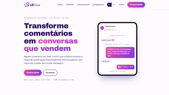 LiliFlow website: Instagram comment-to-DM automation