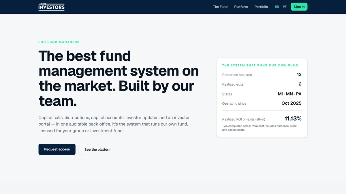 Micro Investors platform website: fund management back office