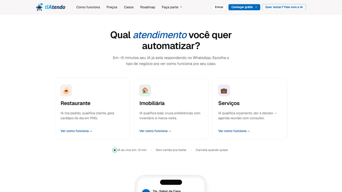 tIAtendo website: AI pre-sales assistant for WhatsApp